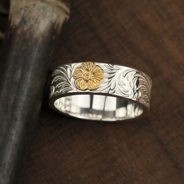 Golden rose flower arabesque flat ring handmade silver ring - Image 4