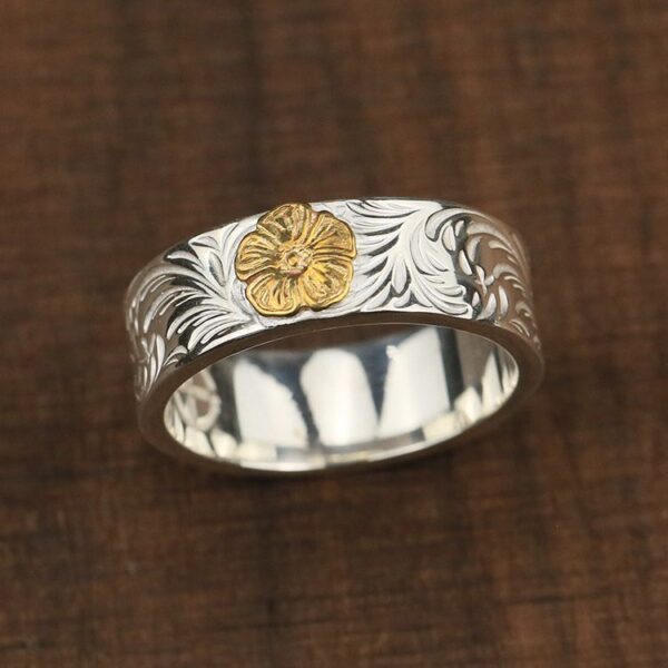 Golden rose flower arabesque flat ring handmade silver ring - Image 2