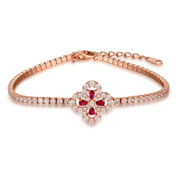 Sterling silver cultured ruby ​​and moissanite four-leaf clover bracelet
