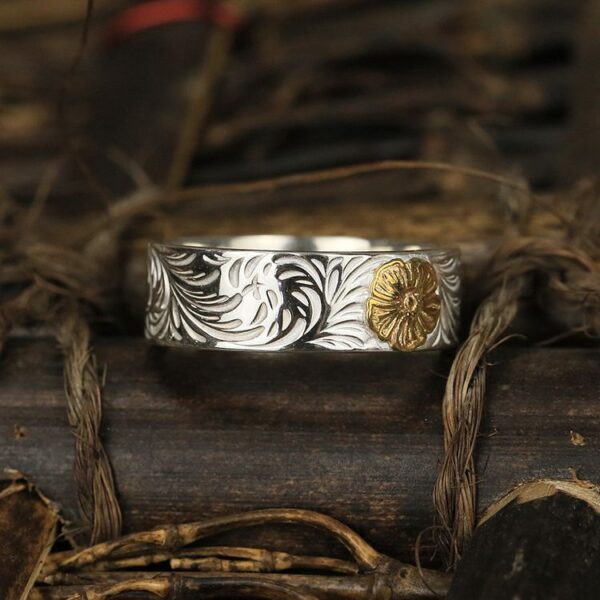 Golden rose flower arabesque flat ring handmade silver ring - Image 3