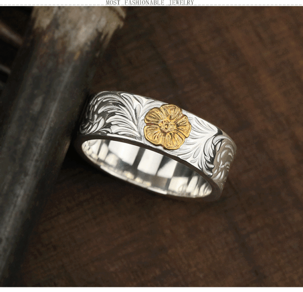 Golden rose flower arabesque flat ring handmade silver ring